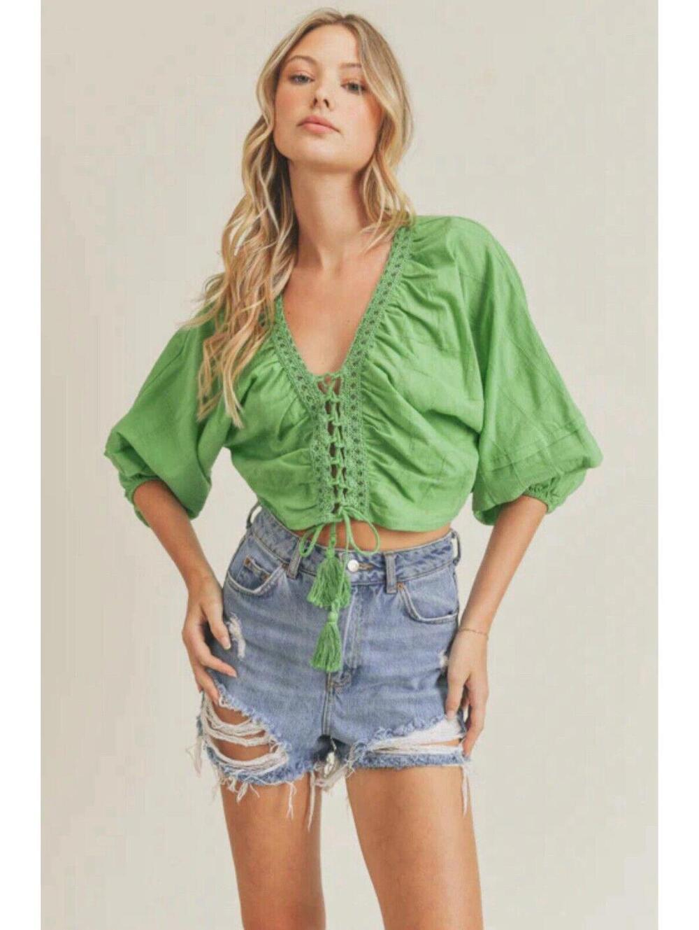 LUSH Set Sail Lace Up Blouse - Green | Women’s sz Small -NWT